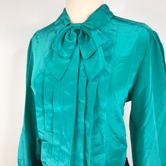 Vintage 80s Teal Front Neck Tie Button Down Blouse - Picture 9 of 11